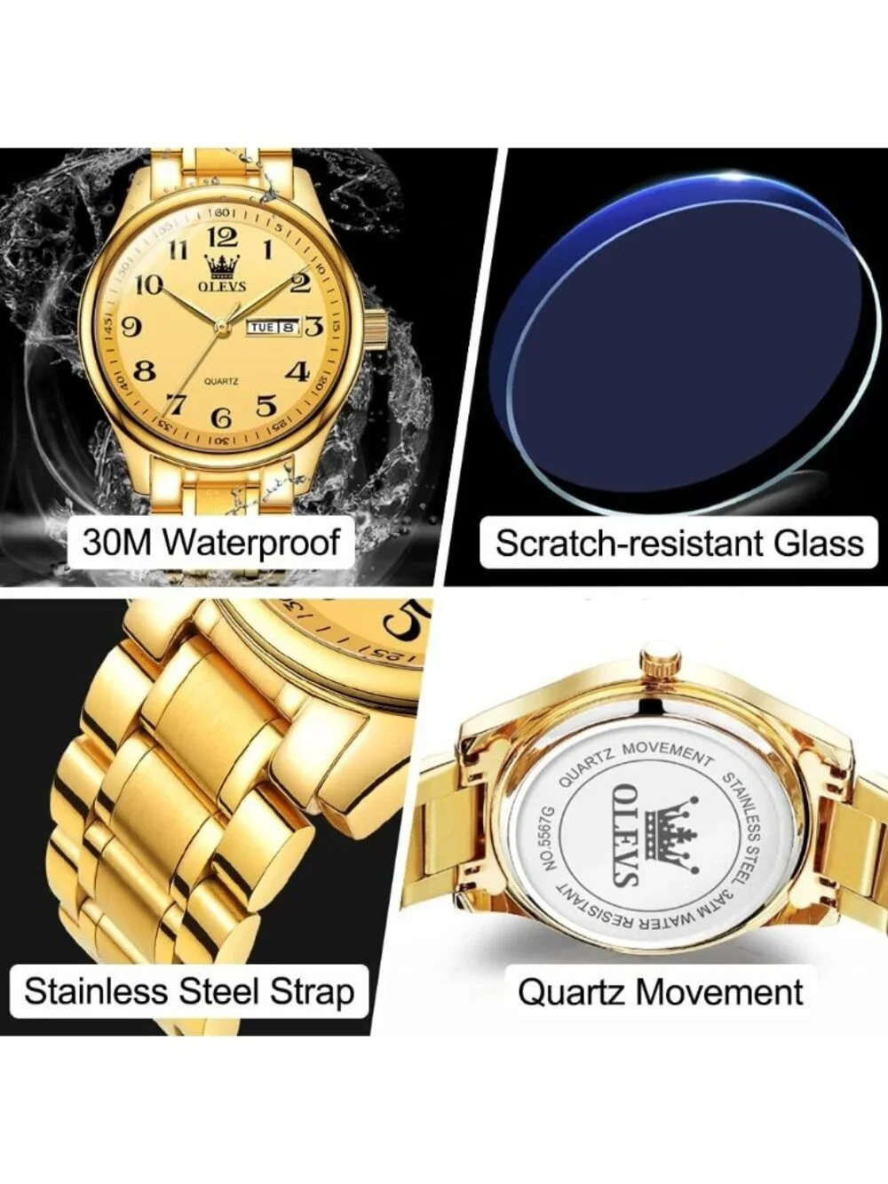 Olevs Men's Gold Luxury Stainless Steel Big Face Analog Quartz Luminous Watch